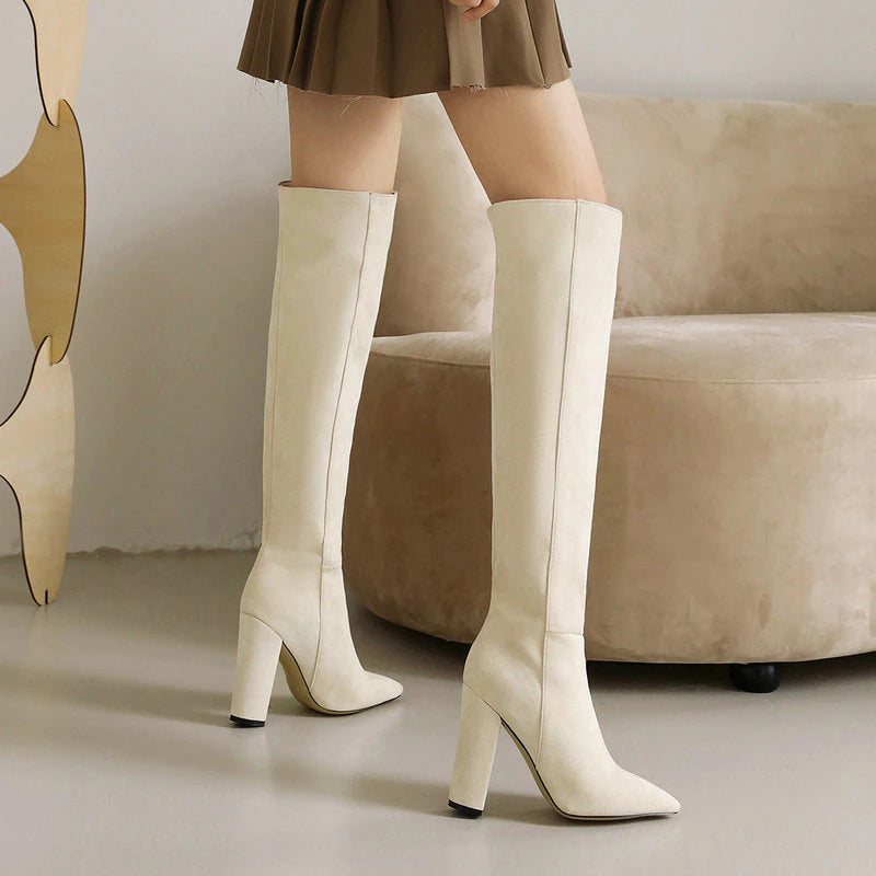 kamames Faux Suede Knee High Boots Winter Women Boots Square High Heel Long Boots Slip On Pointed Toe Fashion Woman's Boots Shoes
