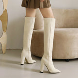 kamames Faux Suede Knee High Boots Winter Women Boots Square High Heel Long Boots Slip On Pointed Toe Fashion Woman's Boots Shoes