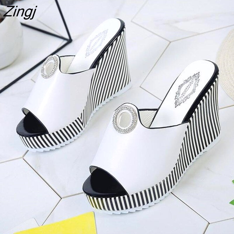 kamames Summer Women's Platform Wedges Waterproof Sandals 10cm Super High Heel Women Shoes Gingham PVC Sandals