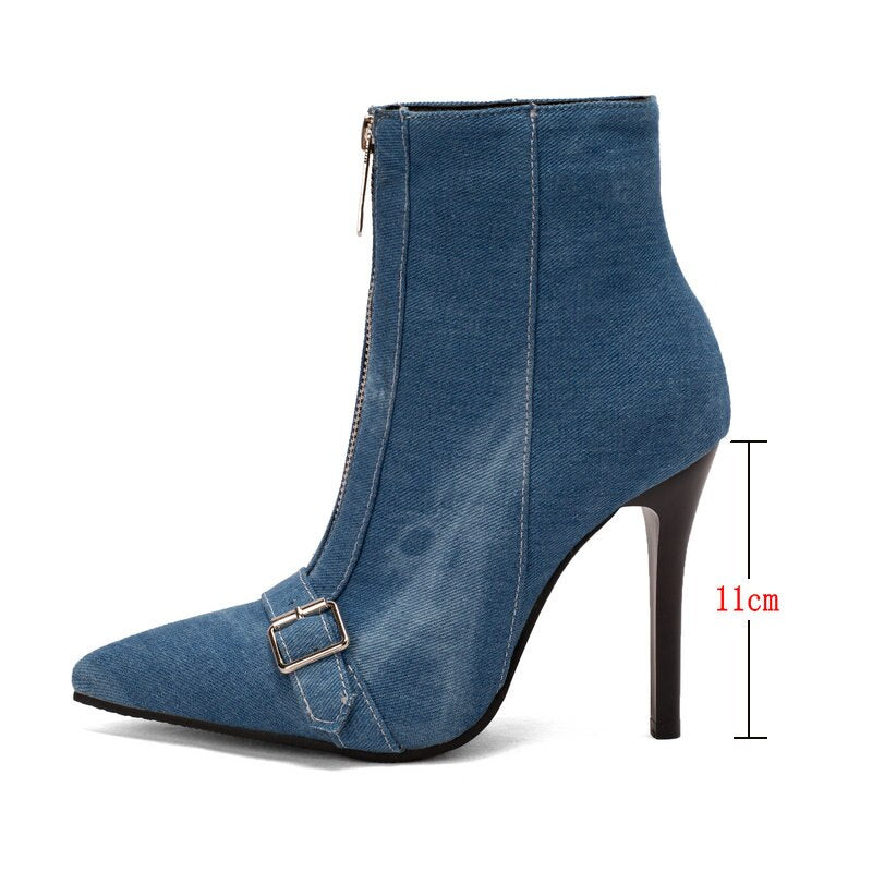 kamames Fashion Denim Women Boots Buckle Thin High Heel Ankle Boots Pointed Toe Front Zipper Autumn Winter Ladies Shoes