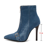 kamames Fashion Denim Women Boots Buckle Thin High Heel Ankle Boots Pointed Toe Front Zipper Autumn Winter Ladies Shoes