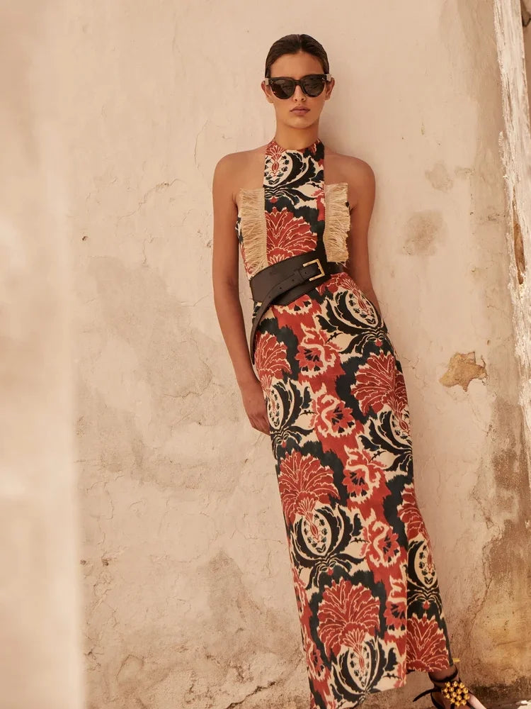 kamames Printed Halter Tassel Slim Women's Robes Elegant Backless Sleeveless Maxi Dress 2024 Summer Ladies Party Evening Dresses