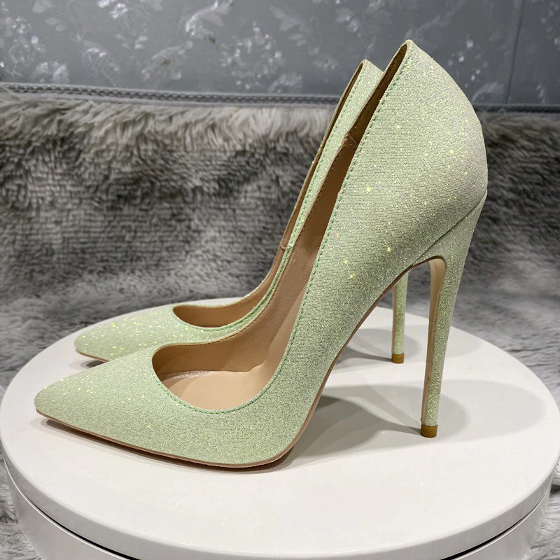 kamames green Gretel bling stiletto shoes 12cm 10cm 8cm high heels pointed toe handmade good quality women pumps LF029 ROVICIYA