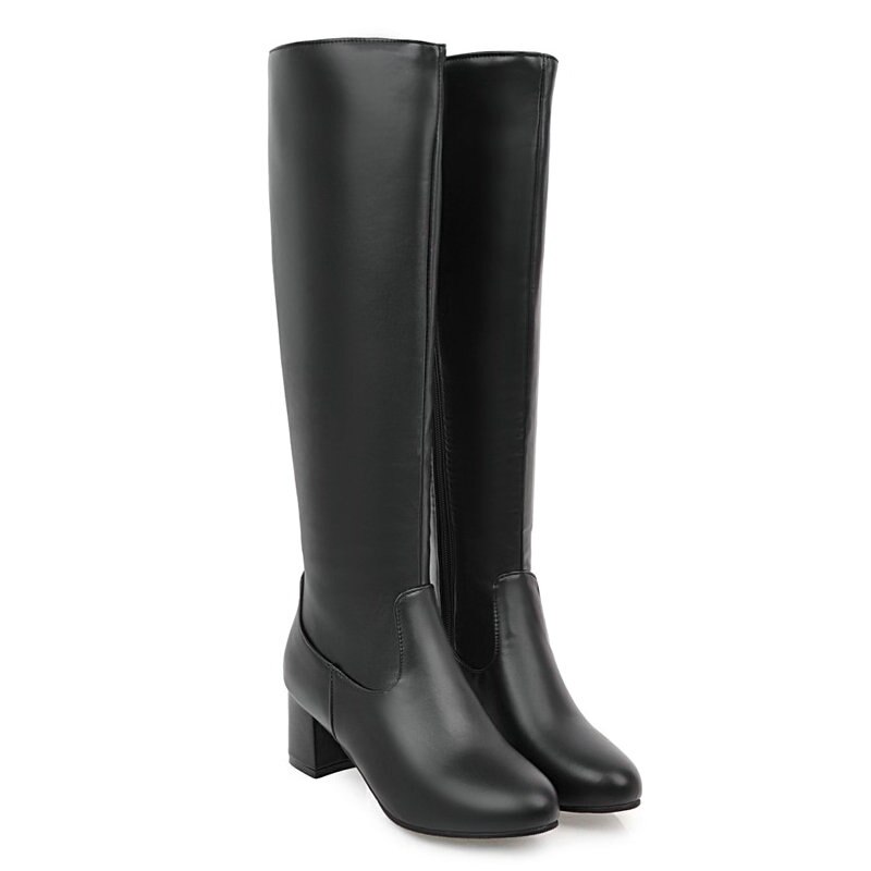 kamames Fashion Zipper Knee High Boots Women Soft Pu Leather Thick High Heels Long Boots Autumn Winter Woman Shoes Size 34-43