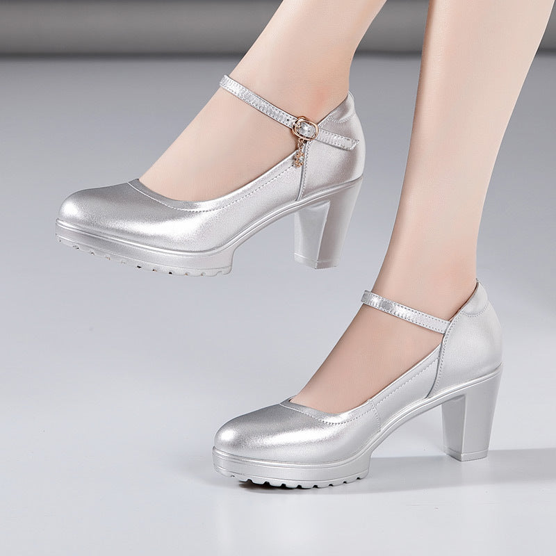 kamames Cowhide Catwalk High Heels Women's Anti-Skid Thick Heel Waterproof Platform Cheongsam Models Soft Leather Work Shoes Women's Singles