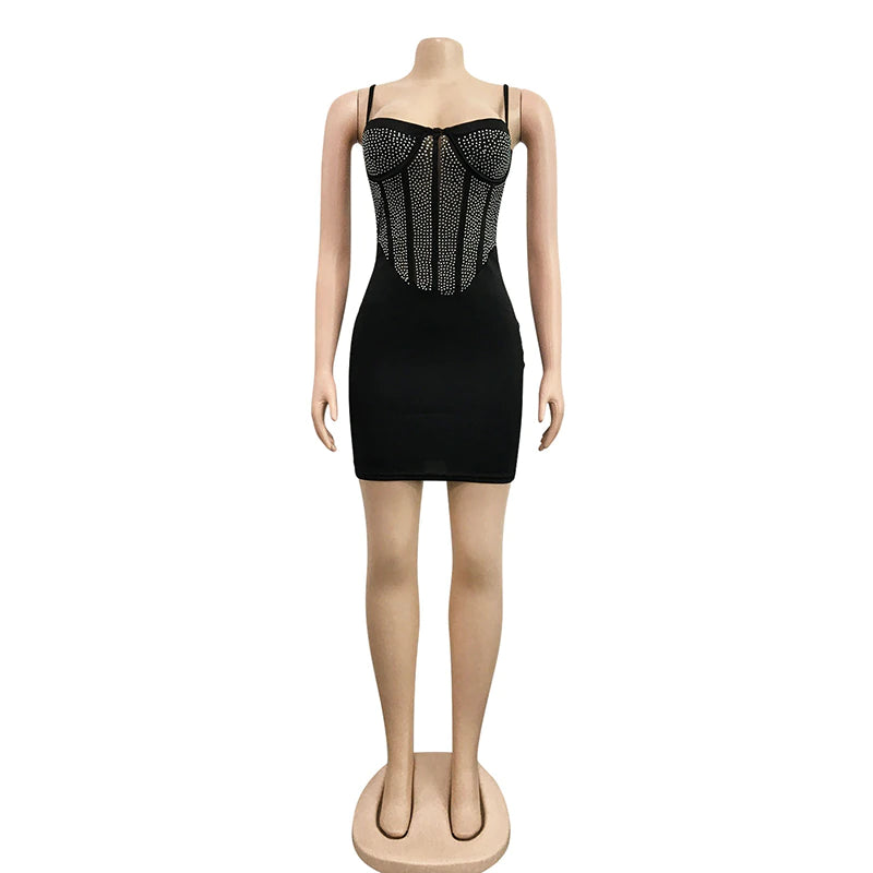 kamames Sexy White Crystal Hot Hot drilling Mini Dress Women Summer Strap Mesh Patchwork Bodycon Glitter Clubwear Dress