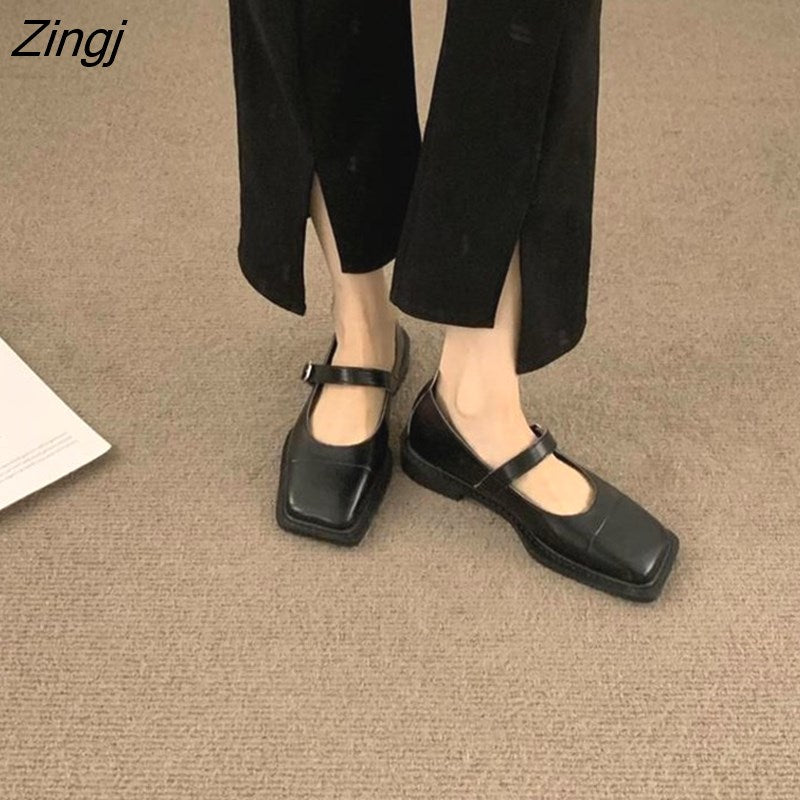 kamames Deformed Heel Autumn Luxury Chain Square Head Shallow Flat Shoes Women's Lazy Loafer Casual Flat Square Heels Lolita Shoes