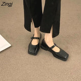 kamames Deformed Heel Autumn Luxury Chain Square Head Shallow Flat Shoes Women's Lazy Loafer Casual Flat Square Heels Lolita Shoes