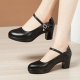 kamames Heels, Thick Heels, Walking Shoes, Women's Leather Waterproof Table, Round Head Cheongsam Show Shoes, Black Professional Work Shoes.
