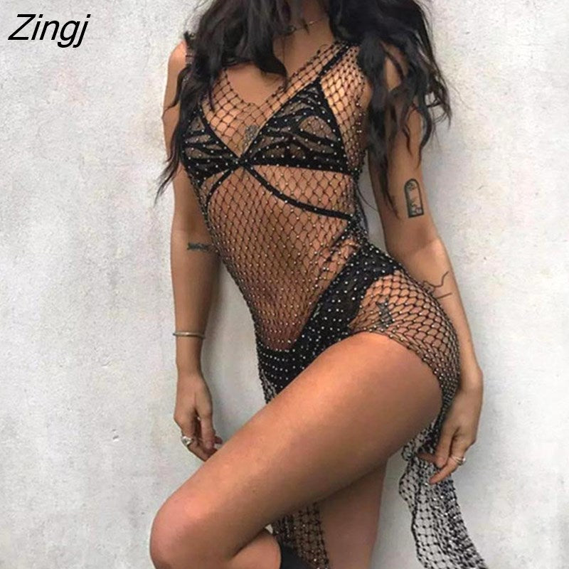 kamames High Split Hollow Out Sexy Long Party Dress Crystal Sparkling Diamonds Fishnet Maxi Beach Summer Dress Nightclub Dress