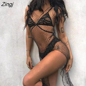 kamames High Split Hollow Out Sexy Long Party Dress Crystal Sparkling Diamonds Fishnet Maxi Beach Summer Dress Nightclub Dress