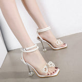 kamames Heels Summer 2022 Square Toe Transparent Heel Plus Size Women Shoes on Heels Fashion Pearl Bow Heels Sandals Zapatos Mujer