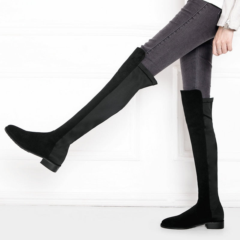 kamames Heel Knee High Boots Women Soft Flock Leather Over The Knee Boots Slip On Autumn Winter Fashion High Boots Shoes
