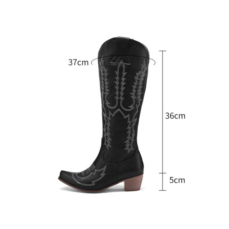 kamames Fashion Women Knee High Boots Square Low Heel Western Cowboy Boots Autumn Winter Woman Shoes Size 35-43