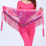 kamames Dance Hip Skirt Scarf For Wrap Waist Belt Bling Golden Coins Sequins Tassels Dance Accessories Chiffon fringe scarf