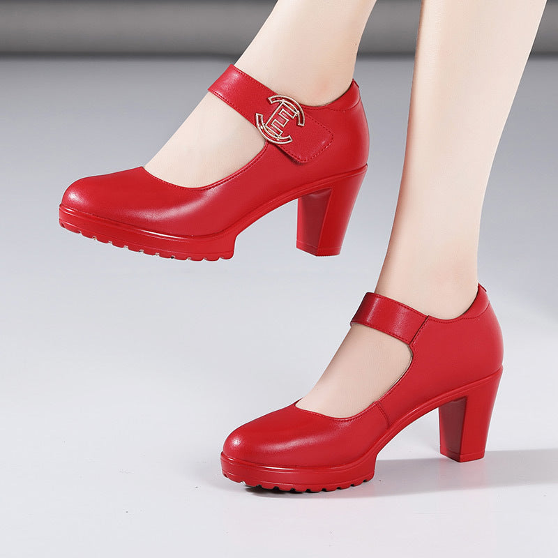 kamames Cowhide Cheongsam Model Catwalk High Heels Women's Non-Slip Round Head Thick-Soled Waterproof Platform Professional Work Shoes Women's Singles Shoes