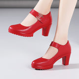 kamames Cowhide Cheongsam Model Catwalk High Heels Women's Non-Slip Round Head Thick-Soled Waterproof Platform Professional Work Shoes Women's Singles Shoes