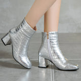 kamames Red Silver Fashion Patent Leather Women Boots Square Low Heel Ankle Boots Zipper Autumn Winter Boots Shoes 2021