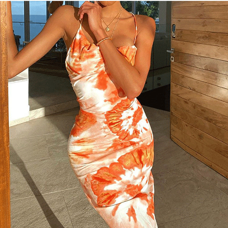 kamames Popular Tie-Dye Printed Sexy Back Cross-Bandage Medium-Long Sling Dress