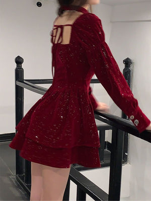 kamames Hot Girl Red Velvet Dress Women's Autumn/Winter Christmas Square Collar Long-sleeved Slim Fit A-line Dress Female Clothes