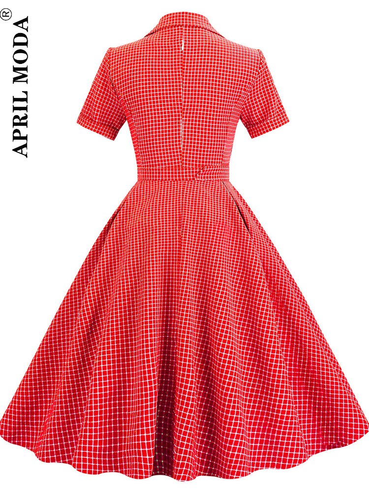 kamames England Style Red Plaid Dress Women Summer Short Sleeves Sashes A-Line Casual Tunic Dress 50s Vintage Midi Party Dresses