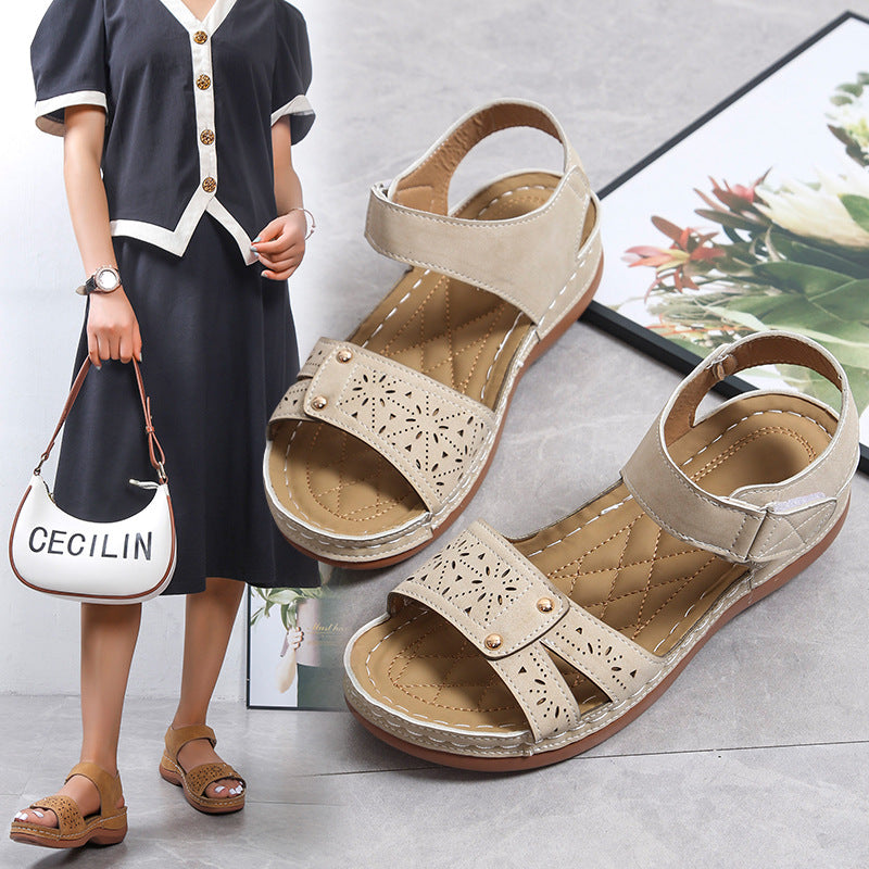 kamames Retro Leisure Roman Style Round Head Sandals Women's Shoes New Hollowed-Out Air Turbine Heel Velcro
