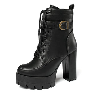 kamames Platform Women Boots Square High Heel Ankle Boots Lace Up Zipper Motorcycle boots Autumn Winter Plush Ladies Shoes