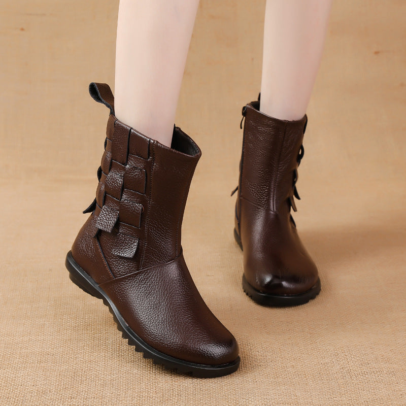 kamames kamames And Winter New Cowhide Flat-Soled Martin Boots Leisure Simple Leather Boots Comfortable Warm Women's Cotton-Padded Shoes