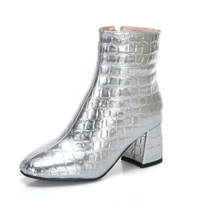 kamames Red Silver Fashion Patent Leather Women Boots Square Low Heel Ankle Boots Zipper Autumn Winter Boots Shoes 2021