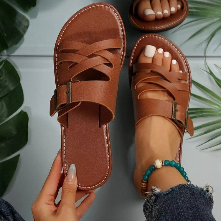 kamames Summer New Women's Sandals Slippers Flat-Soled Roman Lace-Up Sandals Non-Slip Rubber Soles Fashion Women's Shoes