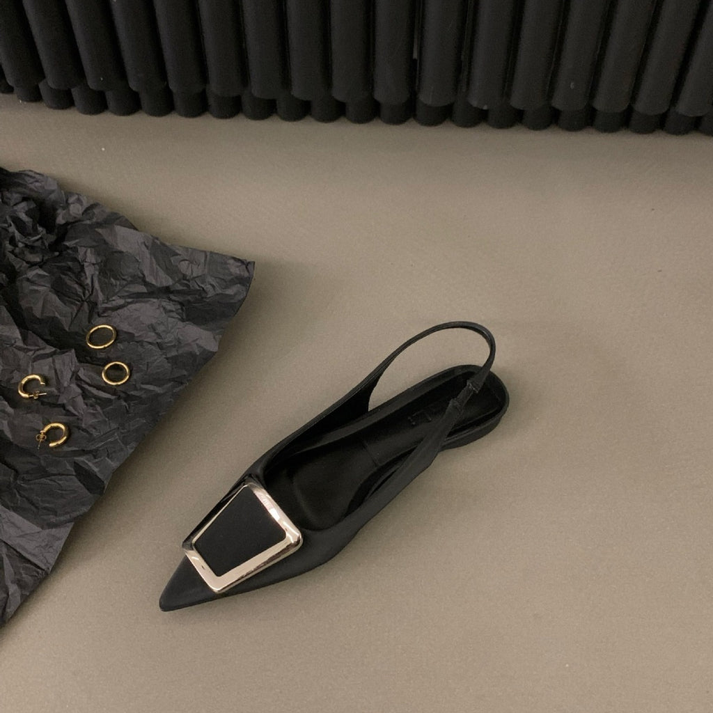 kamames Flat-Bottomed Black Baotou Sandals Fairy Shoes 2023 New Spring And Summer Pointed Diamond Single Shoes