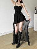 kamames Sexy Y2K Irregular Ruffle Dress Women Chic Korean White Black Sleeveless Party Club Long Dresses Female Clothes