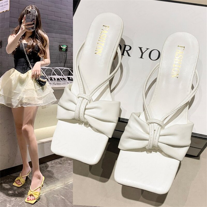 kamames spring and summer new square head back empty fashion casual women's shoes bow stiletto high heel comfortable slippers