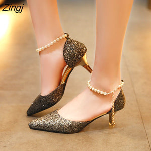 kamames Pointed toe Pearl High heels shoes Female Fashion hollow with Sandals Paillette of the Thin Breathable shoes Women Pumps