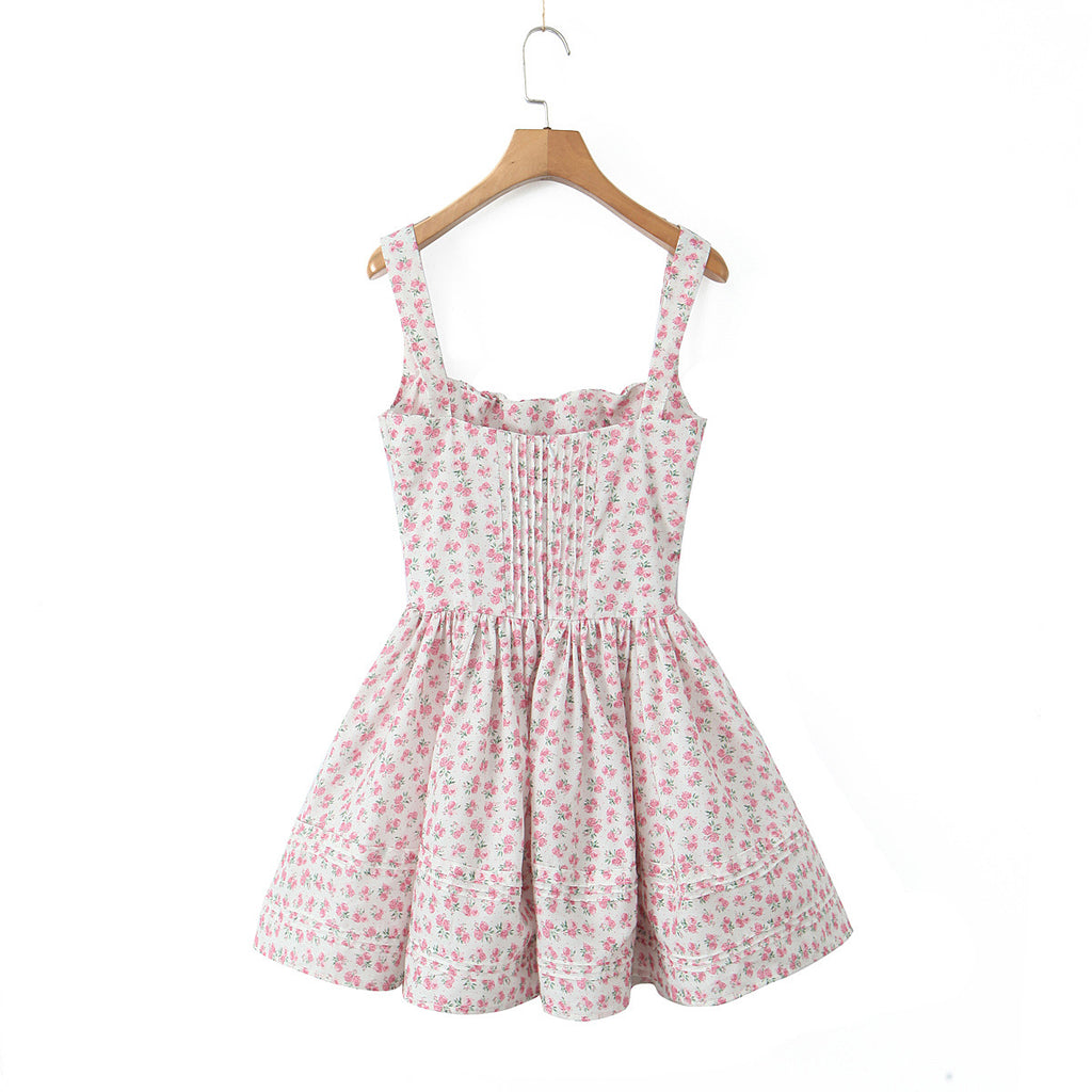 kamames New Spring Style Printed Pleated Slim Mini Sling Dress