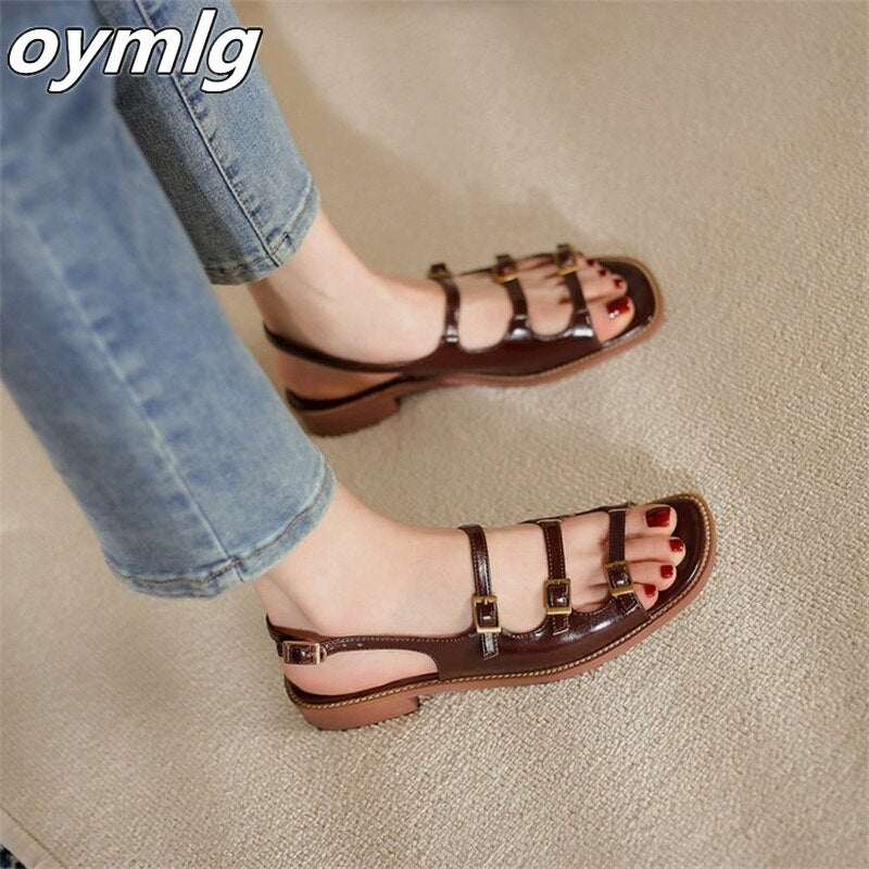kamames retro one word buckle strap Roman sandals women's2022summer new square head all-match thin flat shoes designer sandals