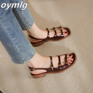 kamames retro one word buckle strap Roman sandals women's2022summer new square head all-match thin flat shoes designer sandals