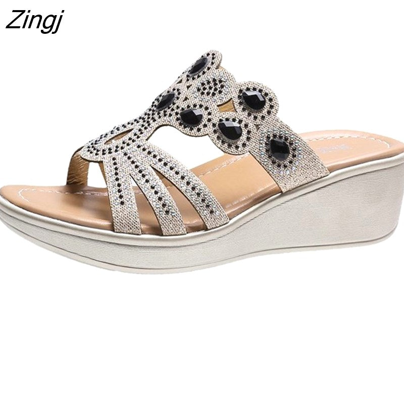 kamames Sandals Women 2023 Ladies Boho Slides Women Slippers Sandals Summer Crystal Shoes Peep Toe Flat Sandals