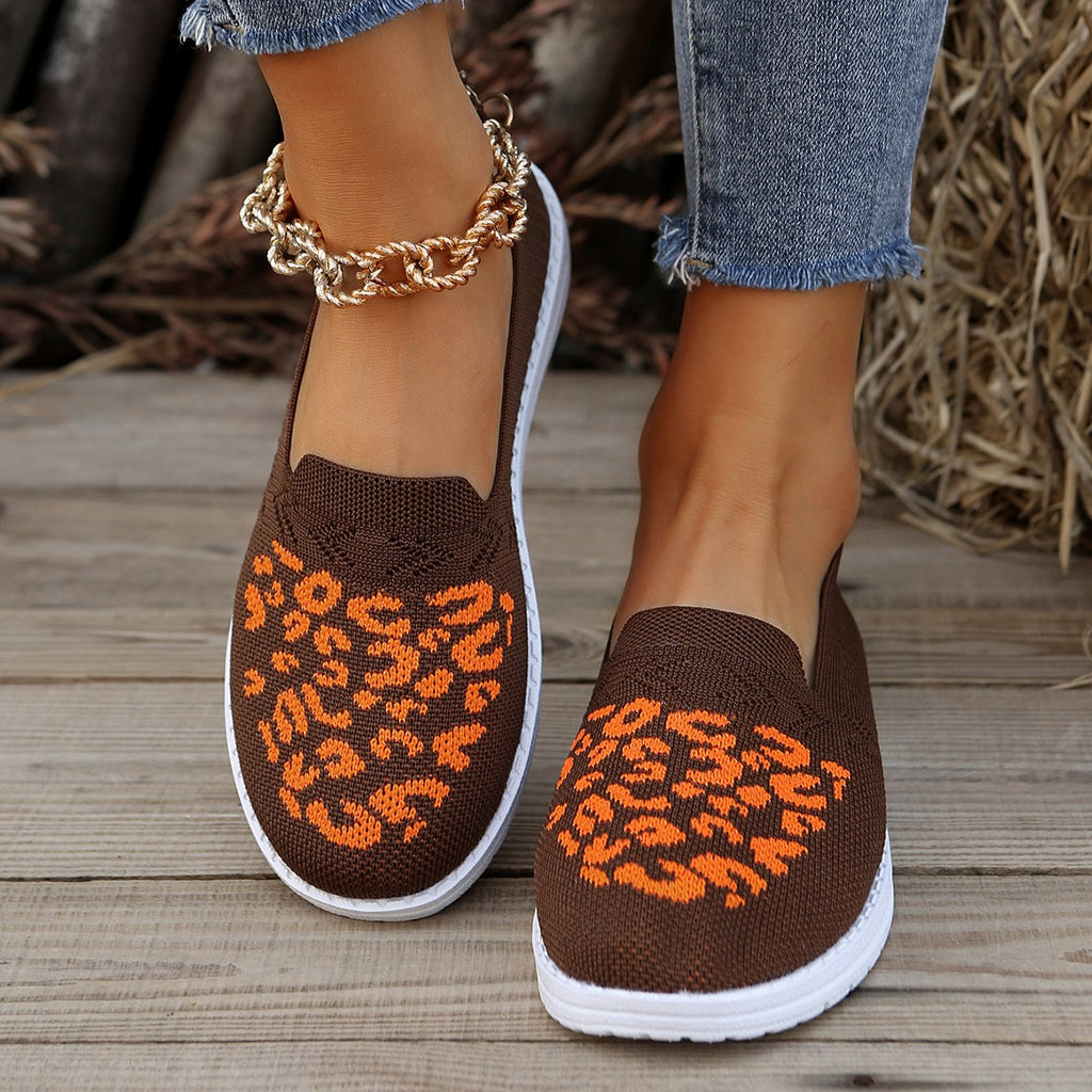 kamames Head, Low Heel, Flying Mesh Single Shoes, Women's Breathable Color Leopard Print Flat Soles Shoes