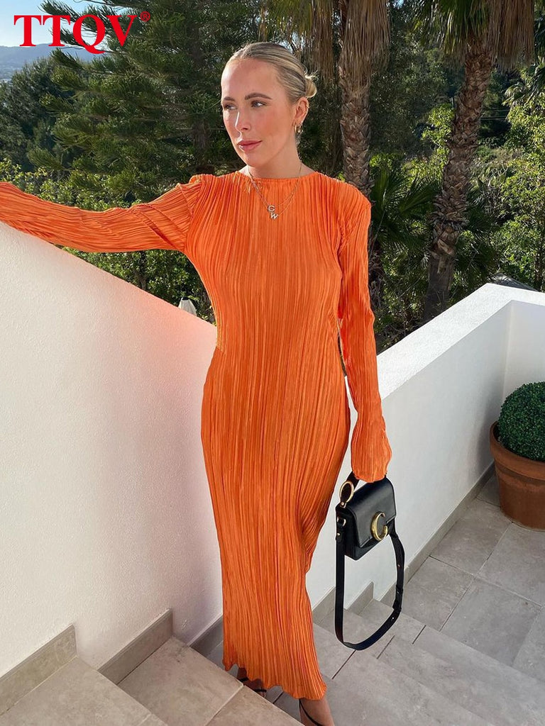 kamames Fashion Orange Women'S Dress 2022 Bodycon O-Neck Long Sleeve Maxi Dress Ladies Elegant Slim Classic Pleated Party Dresses