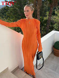 kamames Fashion Orange Women'S Dress 2022 Bodycon O-Neck Long Sleeve Maxi Dress Ladies Elegant Slim Classic Pleated Party Dresses