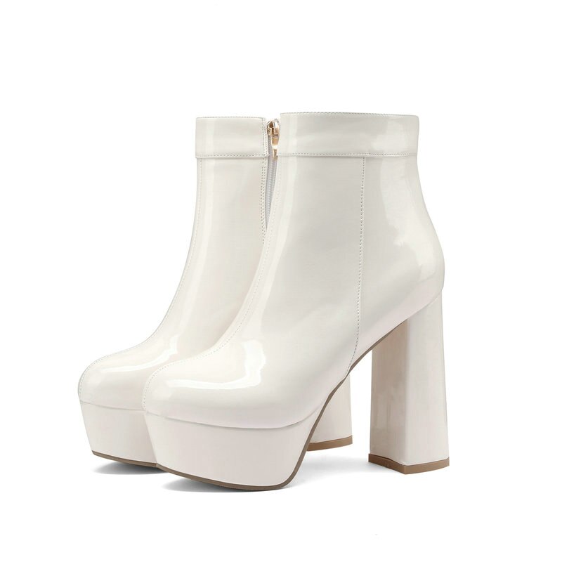 kamames Fashion Platform Women Ankle Boots Bright Pu Leather Square High Heel Punk Boots Autumn Winter Shoes Pink White Black Red