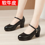 kamames Heels, Thick Heels, Walking Shoes, Women's Leather Waterproof Table, Round Head Cheongsam Show Shoes, Black Professional Work Shoes.