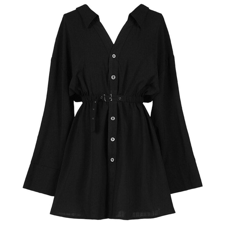 kamames Punk Gothic Black Shirt Dress Hip Hop Streetwear Grunge Clothes Long Sleeve V Collar Sexy Slim High Waist Mini Dresses
