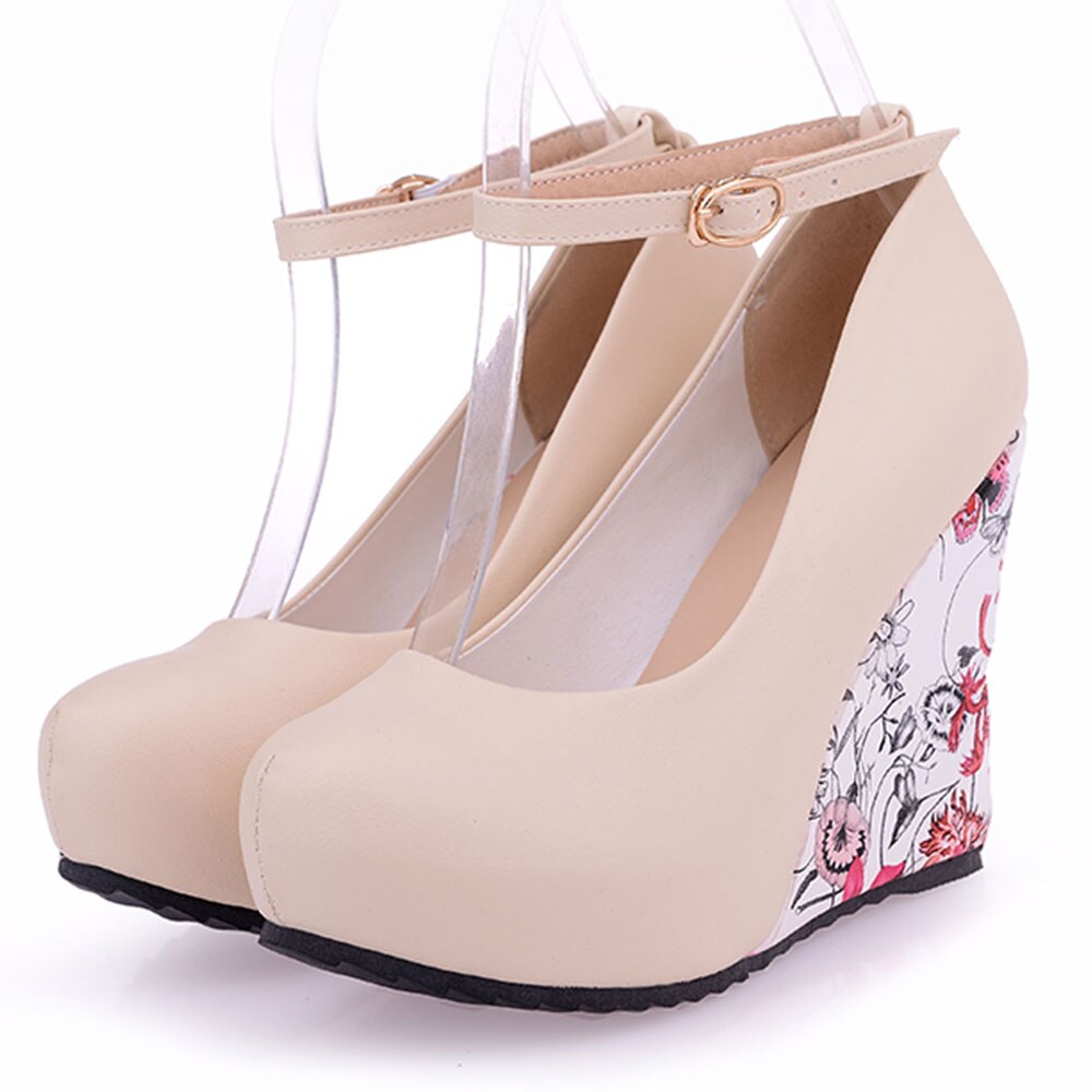 kamames Sgesvier large Sizes 34-43 Wedges High Heels Party wedding Pumps shoe Flower Print Platform Ankle-Strap Women Shoes Woman pumps