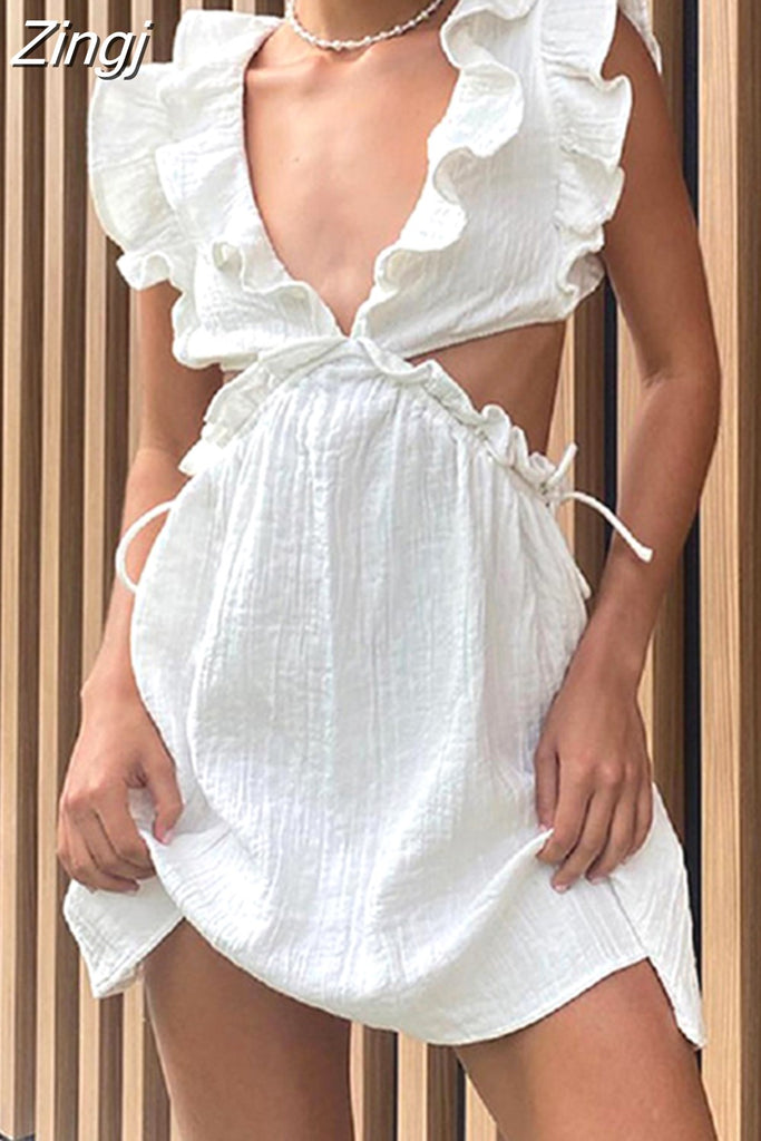 kamames Sexy V Neck Backless A-Line Dress Chic Women Elegant Ruffles Mini Dress Summer Beach Holiday Bohemian Party Vestidos