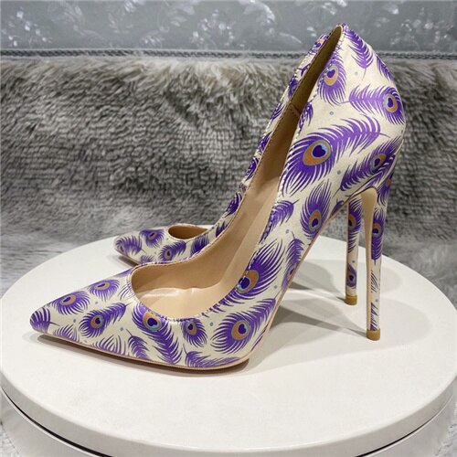 kamames printing green 12cm pumps stiletto pointed toe sexy shoes party nightclub women shoes 8cm 10cm high heel purple BM039