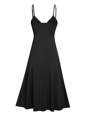 kamames Plain Color Twisted Slit Plunging Midi Dress Solid Color Casual High Waist Plunging Neck Sleeveless High Stretch Robe