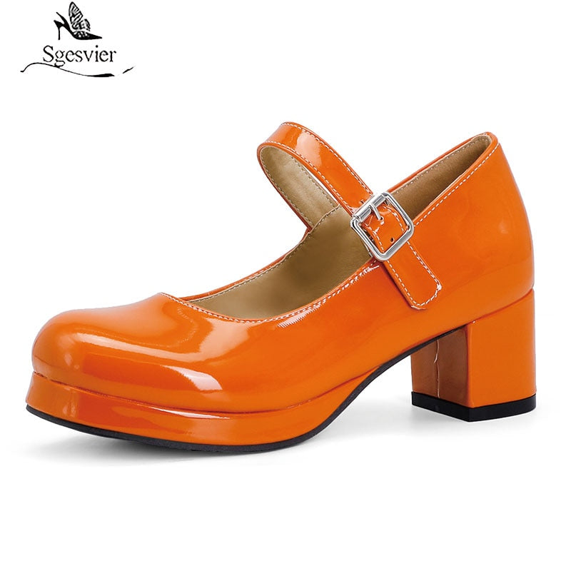 kamames Sgesvier 2021 Spring Women Buckle Comfortable Platform Thick High Heel Pumps Fashion Sweet Dress Shoes Yellow White Red Size 48