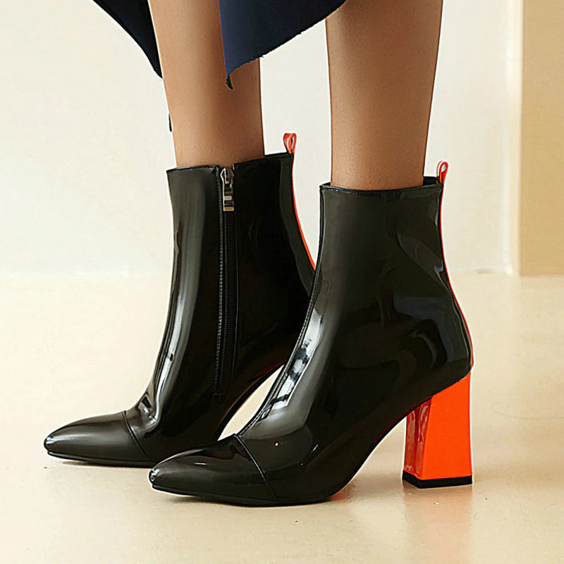 kamames Red Black Women Boots Fashion Pantet Leather Sqaure High Heel Ankle Boots Pointed Zipper Candy colors Ladies Shoes